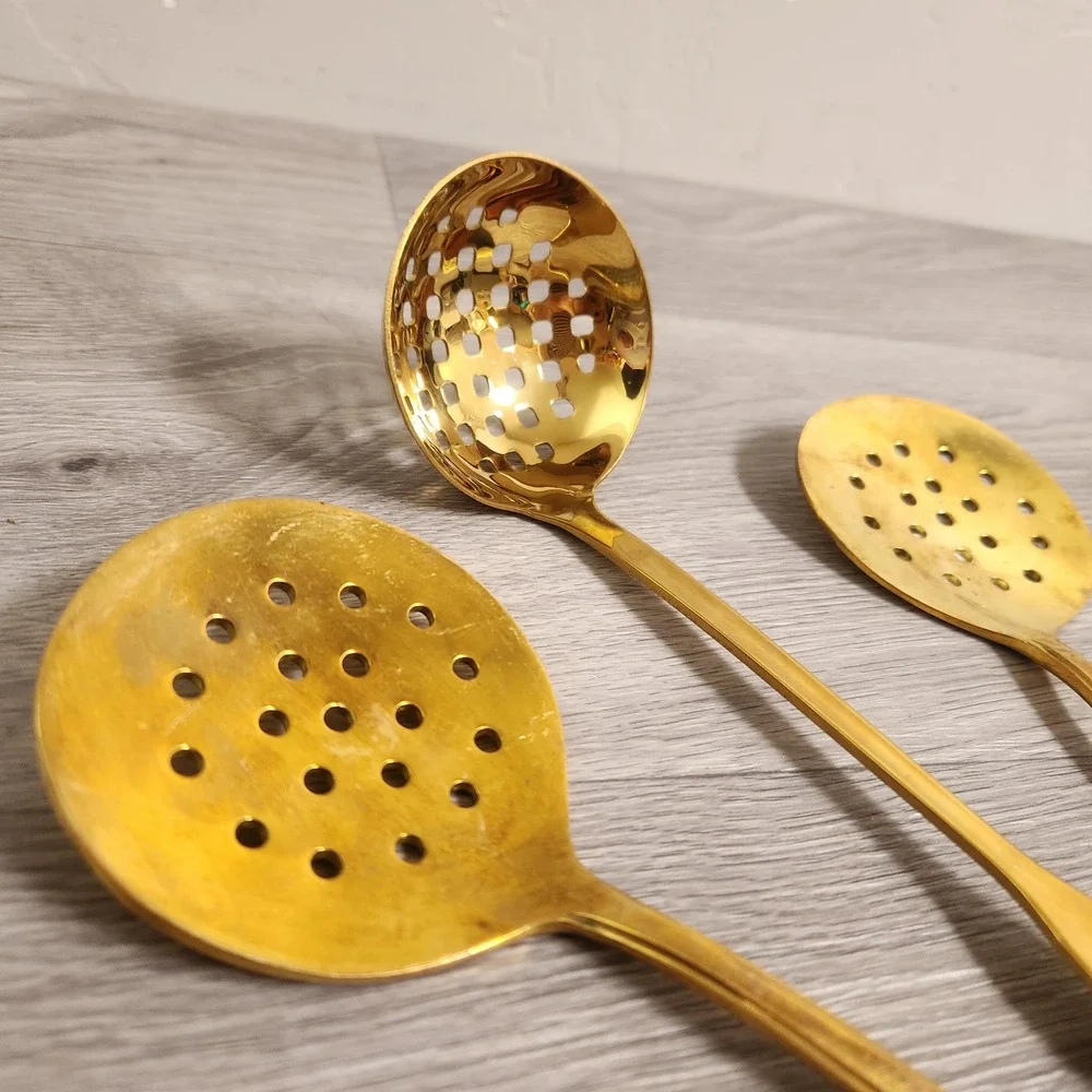 Never Used.  Brass Gold Tone Metal Slotted Spoons Skimmers Ladle Kitchen Gadgets